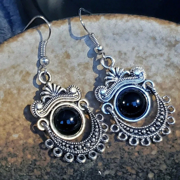 Hand Crafted Antique Silver Plated Black Porcelain Stone Dangle Earrings - Picture 6 of 8